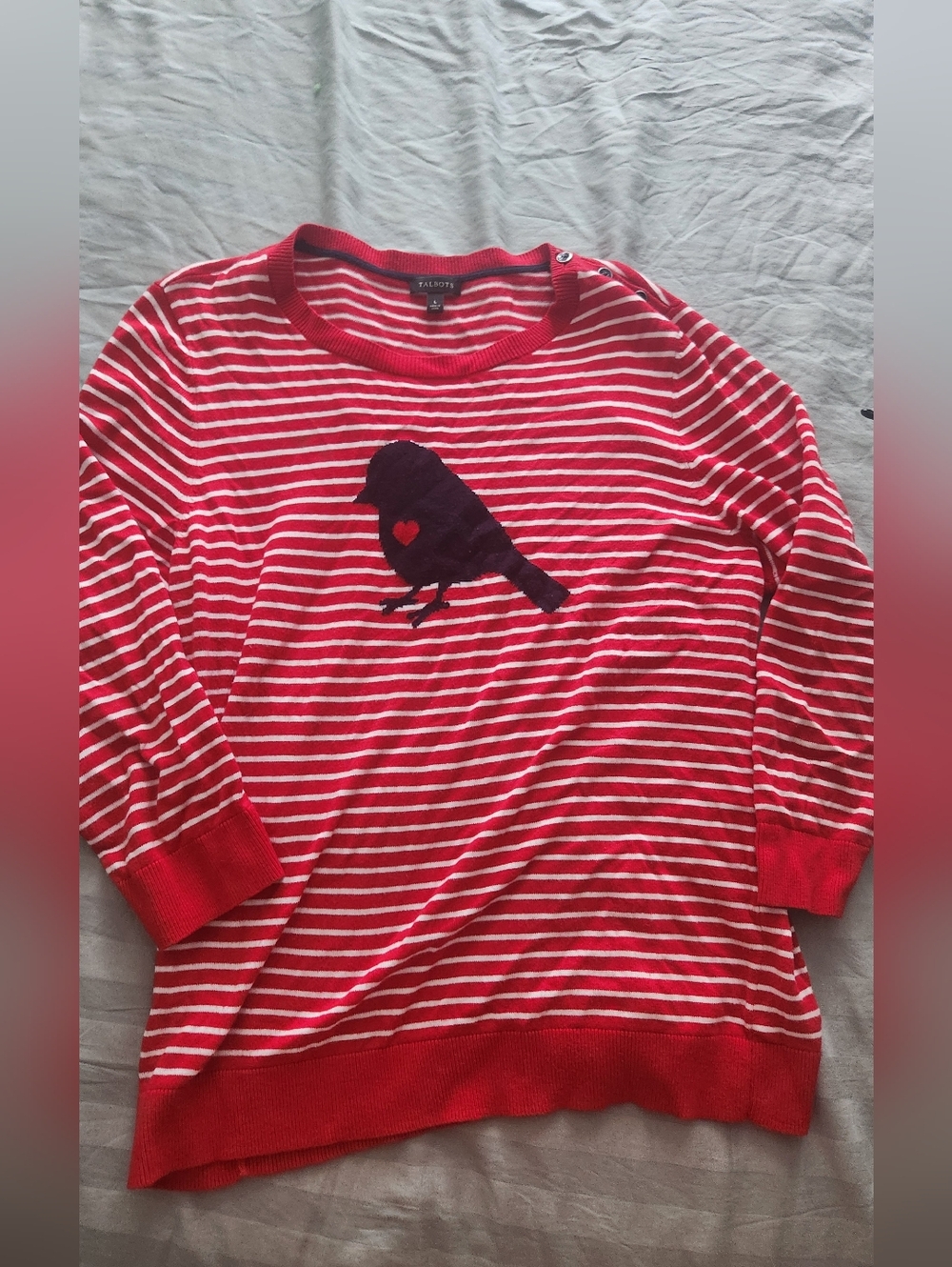 Talbots Red and White Striped Crewneck Sweater with Navy Bird Print